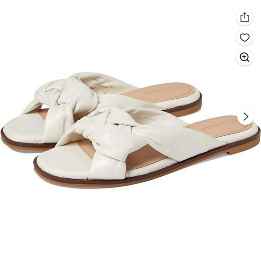 Cole Haan Anica Ivory Leather Open Toe  Knotted Strap Flat Slides Sandals, Sz 10